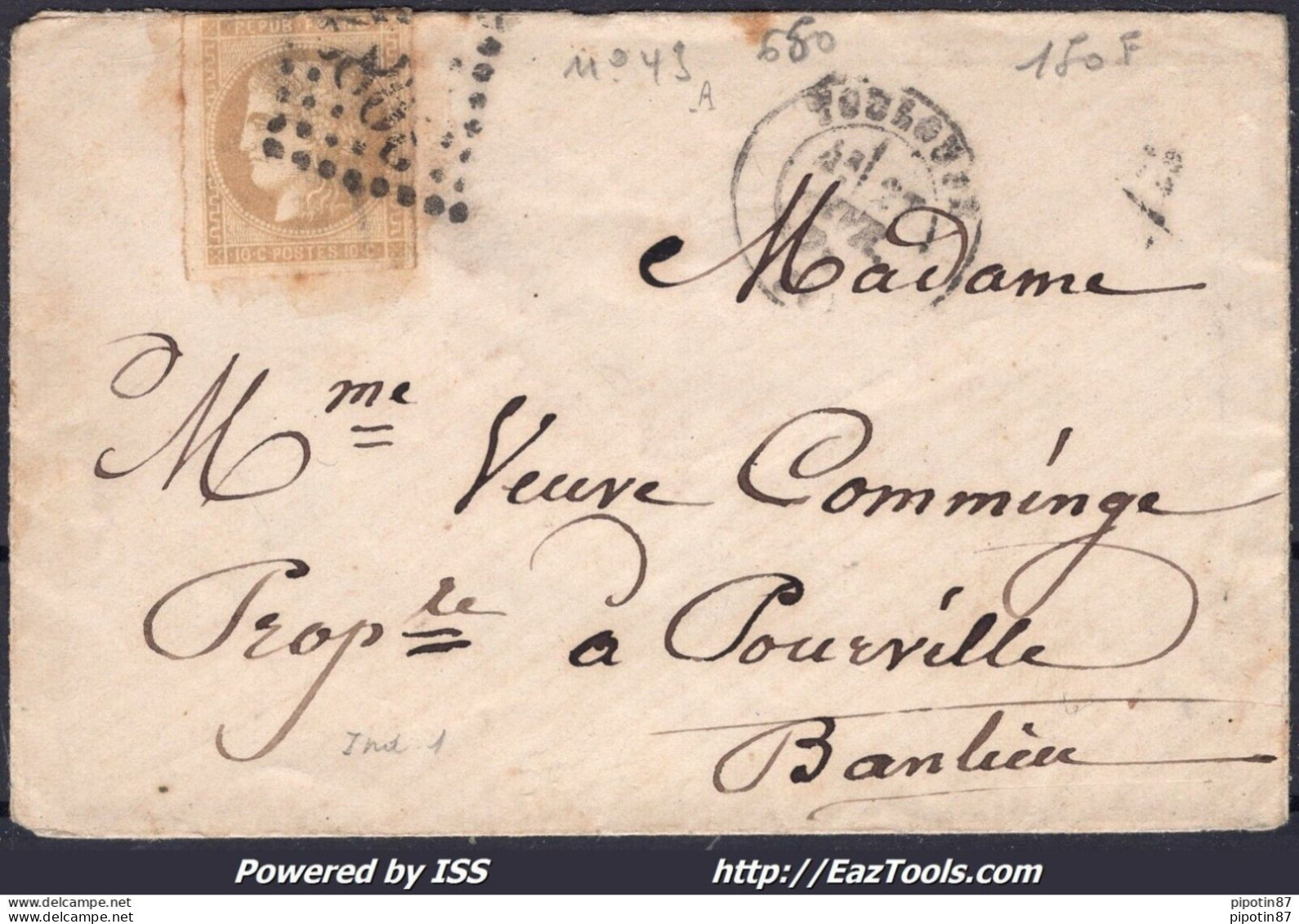 FRANCE N°43A SUR LETTRE GC 3982 TOULOUSE HAUTE GARONNE + CAD DU 27/02/1871 - 1870 Bordeaux Printing