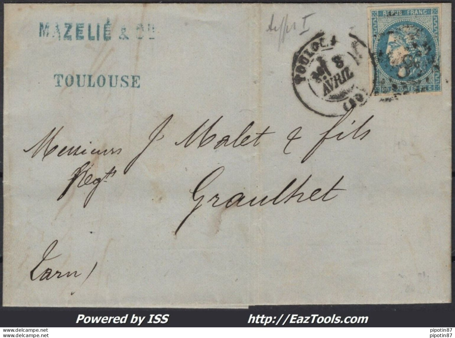 FRANCE N°46A SUR LETTRE GC 3982 TOULOUSE HTE GARONNE + CAD DU 08/04/1871 - 1870 Emisión De Bordeaux