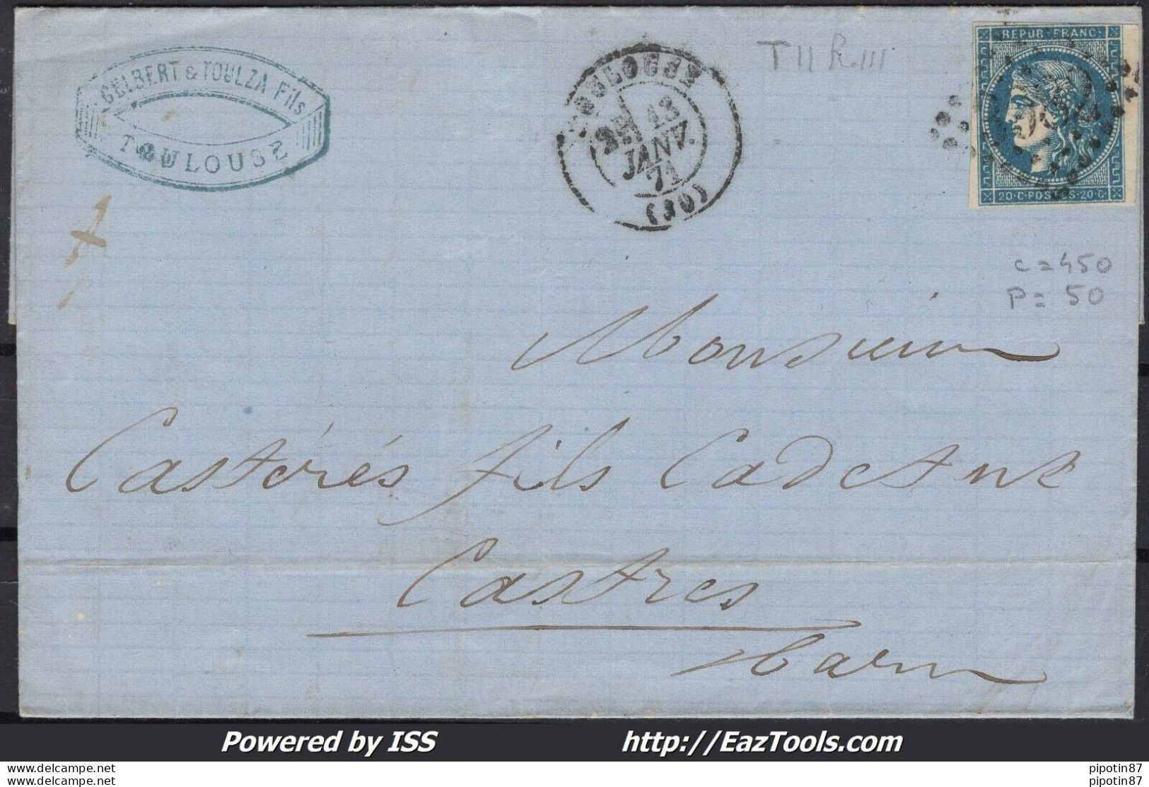 FRANCE N°45C SUR LETTRE GC 3982 TOULOUSE HTE GARONNE + CAD DU 13/01/1871 - 1870 Emission De Bordeaux