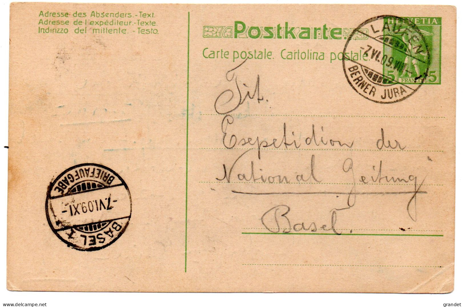 LAUFEN - BERNER JURA - ENTIER POSTAL - 1909  . - Autres & Non Classés
