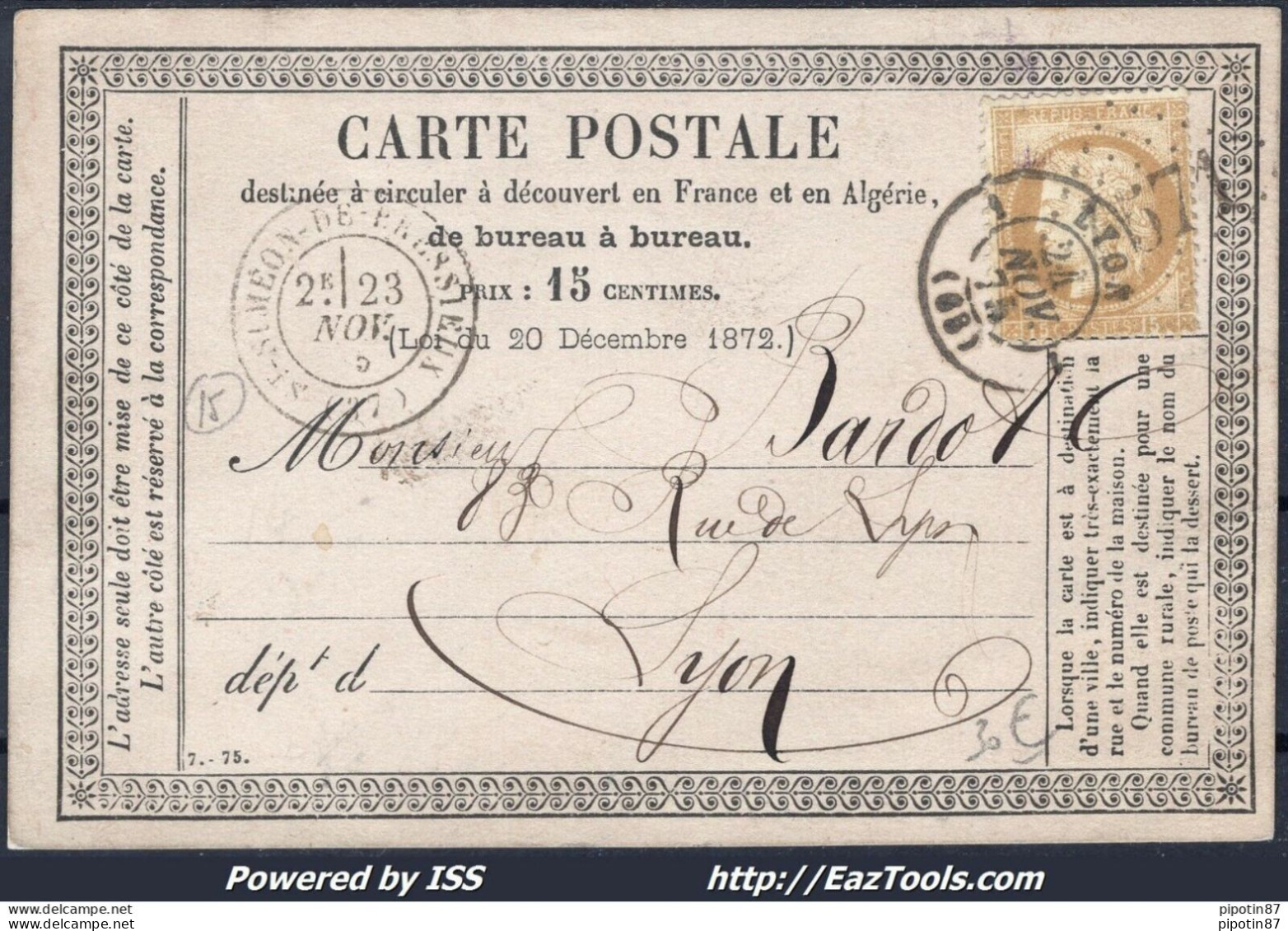 FRANCE N°55 SUR CP GC 4571 SAINT SIMÉON DE BRESSIEUX ISERE + CAD DU 23/11/1875 - 1871-1875 Ceres