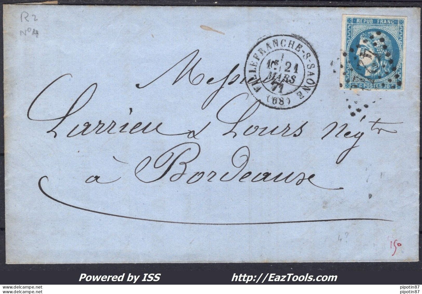 FRANCE N° 45B SUR LETTRE GC 4245 VILLEFRANCHE SUR SAONE + CAD DU 21/03/1871 - 1870 Emisión De Bordeaux