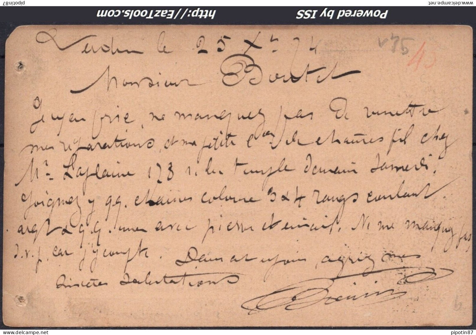 FRANCE N°53+58 SUR CP AVEC GC 4139 VERDUN SUR MEUSE MEUSE + CAD DU 22/12/1874 - 1871-1875 Ceres