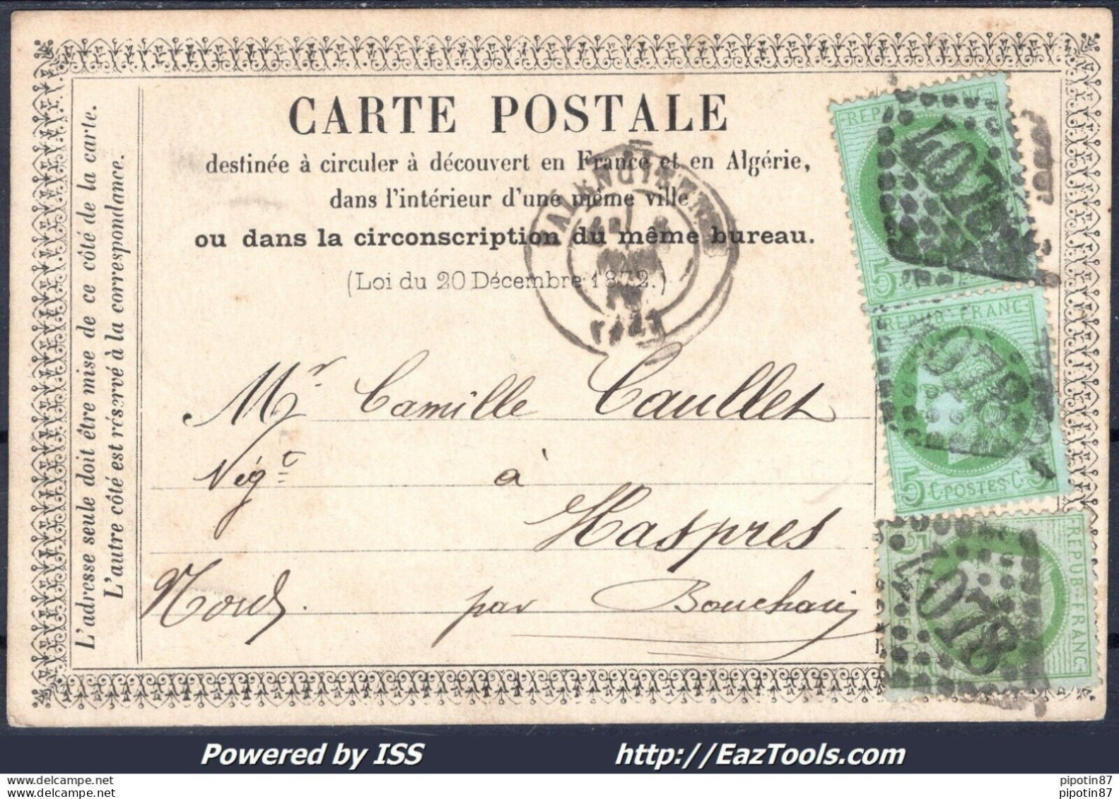 FRANCE N°53x3 SUR CP PRECURSEUR GC 4078 VALENCIENNES NORD + CAD - 1871-1875 Ceres