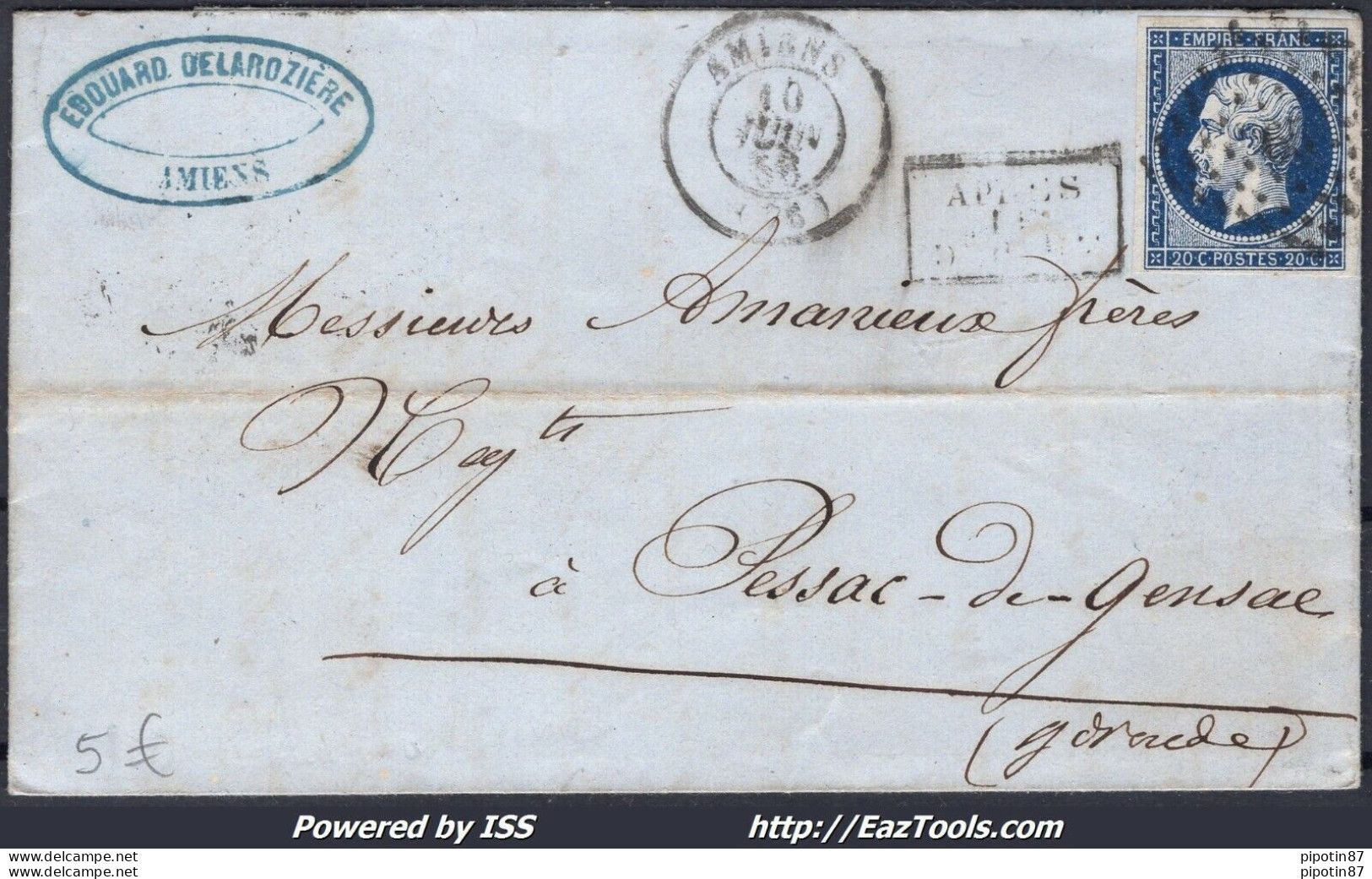 FRANCE N°14Aa BLEU FONCÉ SUR LETTRE PC 65 AMIENS SOMME + CAD DU 10/06/1856 - 1853-1860 Napoleone III