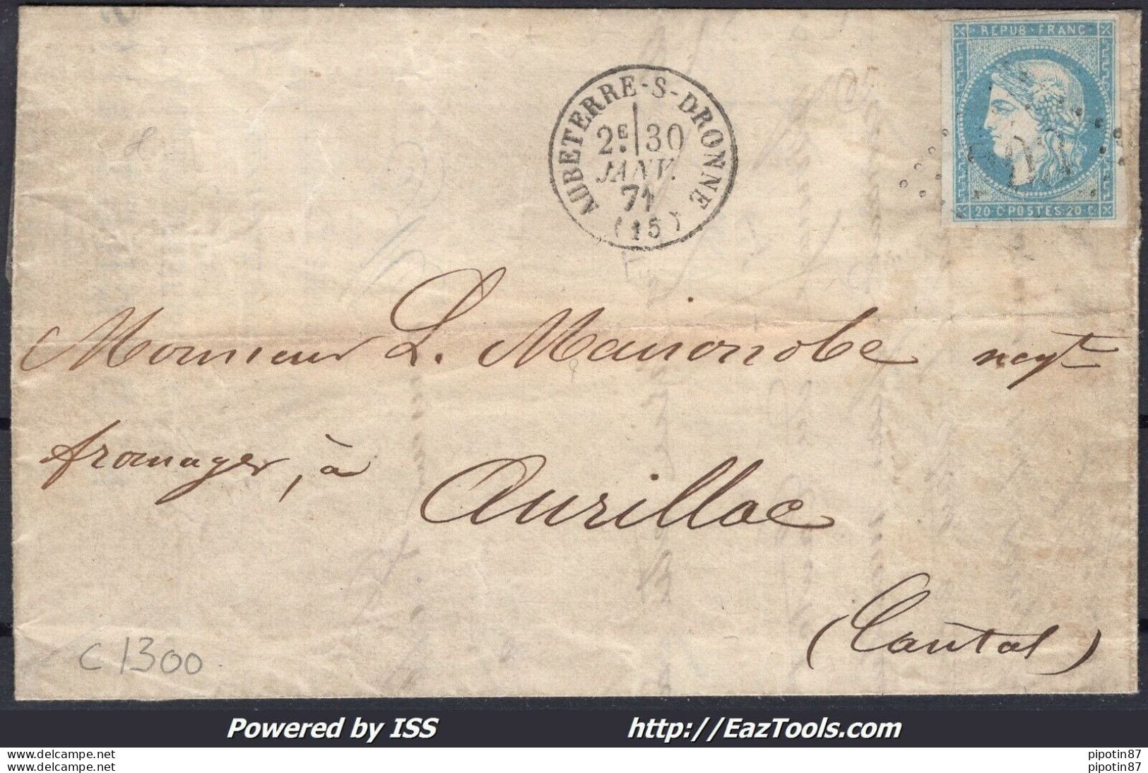 FRANCE BORDEAUX N°44A SUR LETTRE GC 203 AUBETERRE SUR DRONNE CHARENTE 30/01/1871 - 1870 Bordeaux Printing