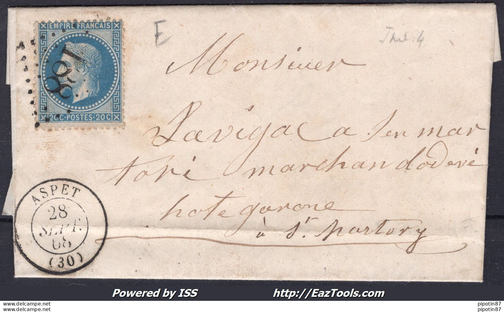 FRANCE N°29B SUR LETTRE AVEC GC 188 ASPET HAUTE GARONNE + CAD DU 28/09/1868 - 1863-1870 Napoléon III. Laure