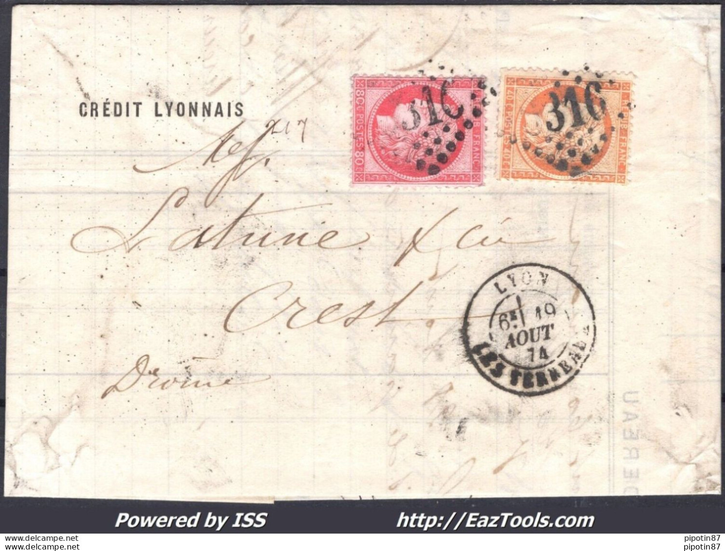 FRANCE N°38+57 SUR LETTRE GC 6316 LYON LES TERREAUX RHONE + CAD DU 19/08/1874 - 1871-1875 Ceres