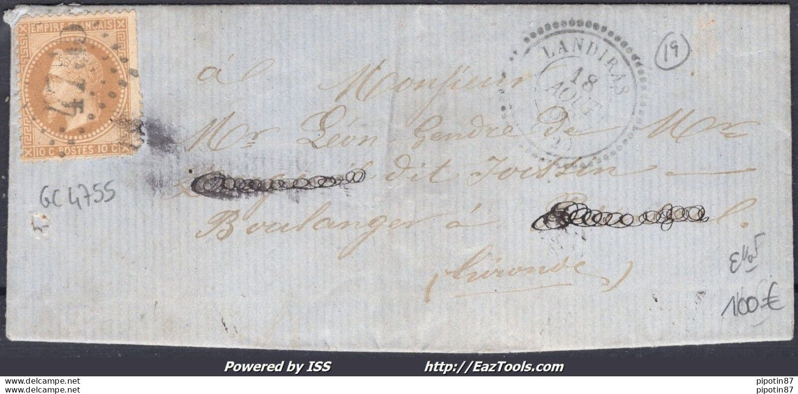 FRANCE N°28A SUR LETTRE GC 4755 LANDIRAS GIRONDE + CAD PERLÉ DU 18/08/1868 - 1863-1870 Napoleon III With Laurels