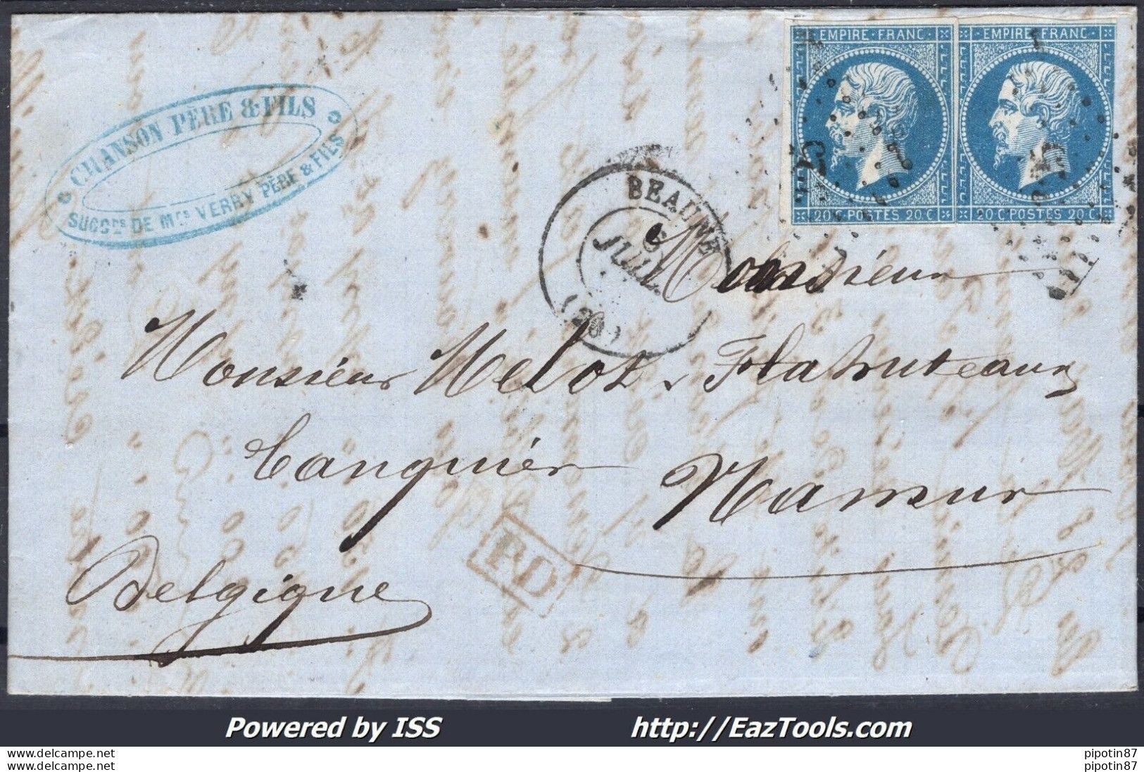 FRANCE N°14Ax2 SUR LETTRE POUR NAMUR BELGIQUE PC 325 BEAUNE + CAD DU 06/07/1860 - 1853-1860 Napoléon III.