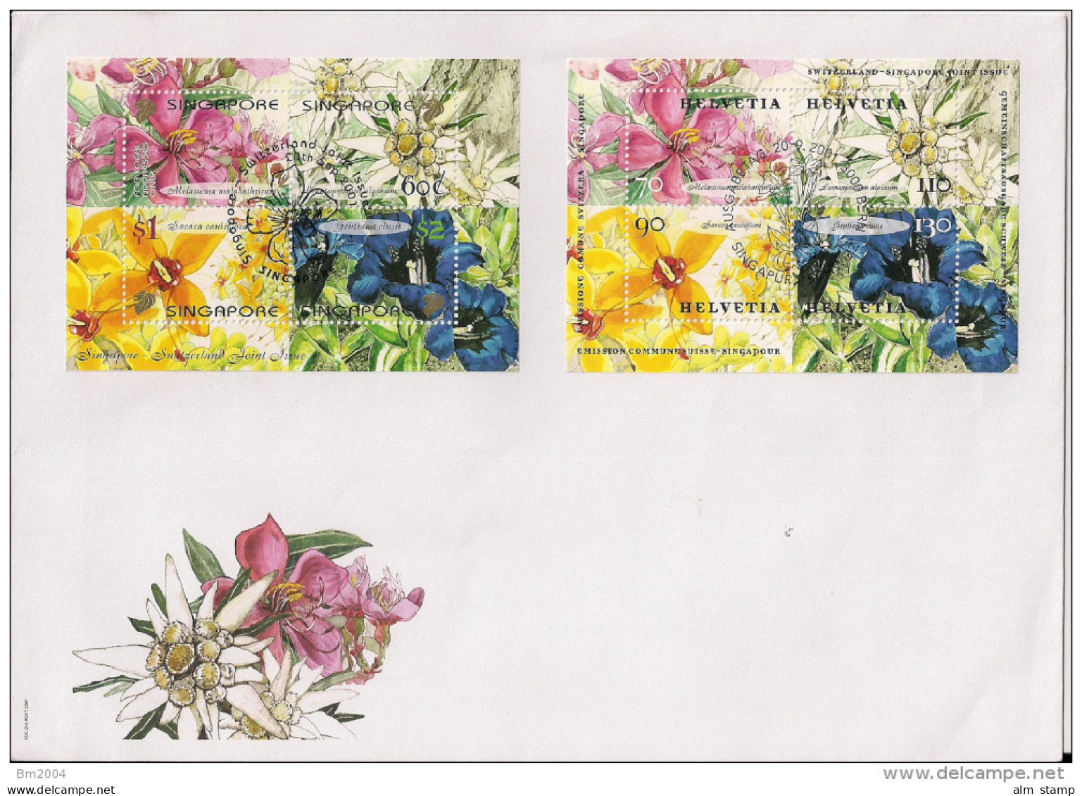 2001 Schweiz Mi. Bl. 31 Und Singapur Mi Bl. 82 FDC   Blumen - Joint Issues