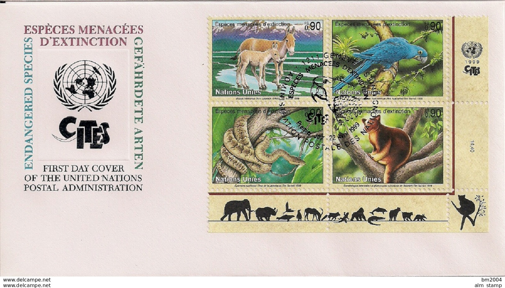 1999 UNO Genf Mi. 369-72 FDC  Gefährdete Arten - FDC