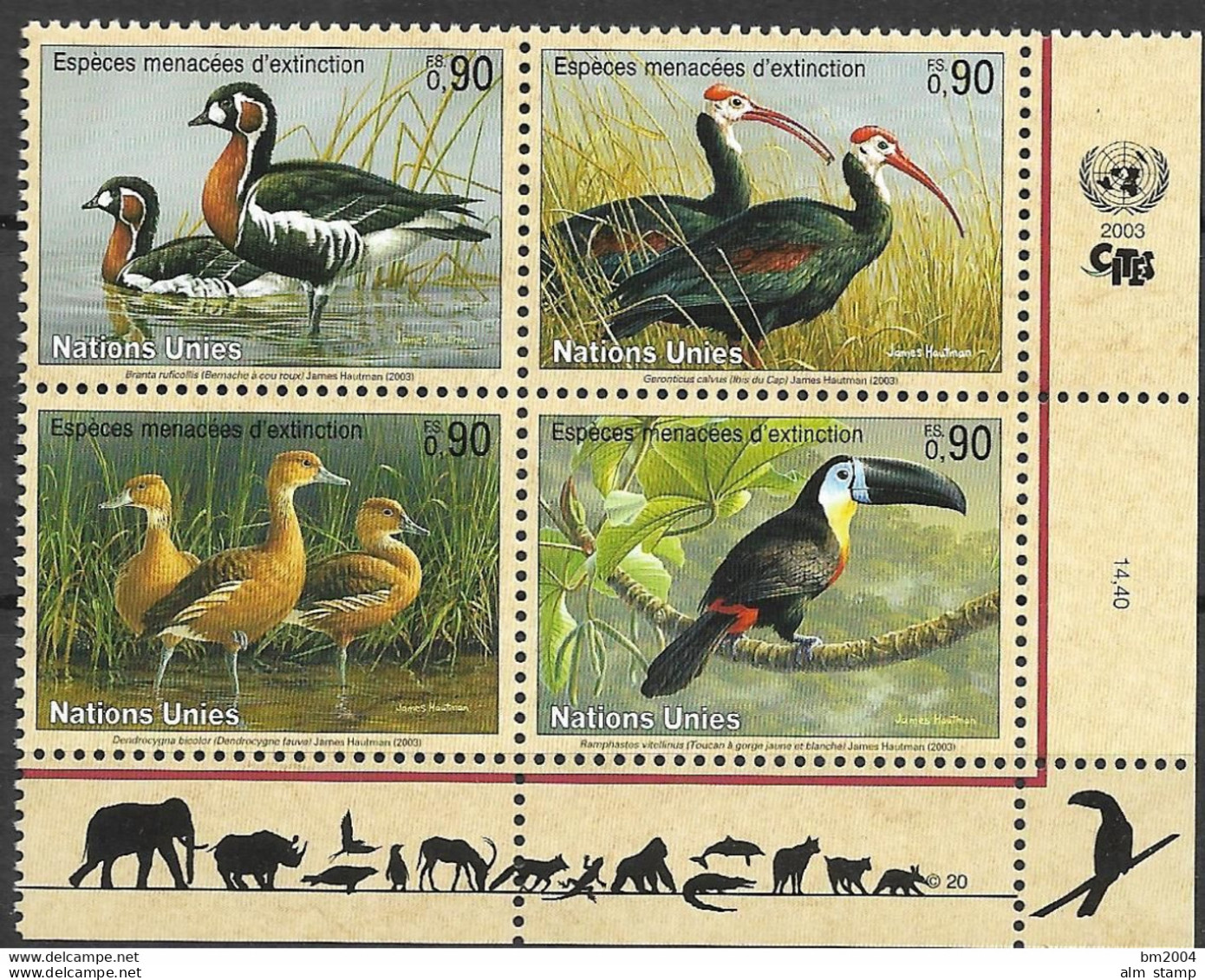 2003 UNO Genf  Mi. 466-9 **MNH  Gefährdete Arten (XI): Vögel - Nuovi