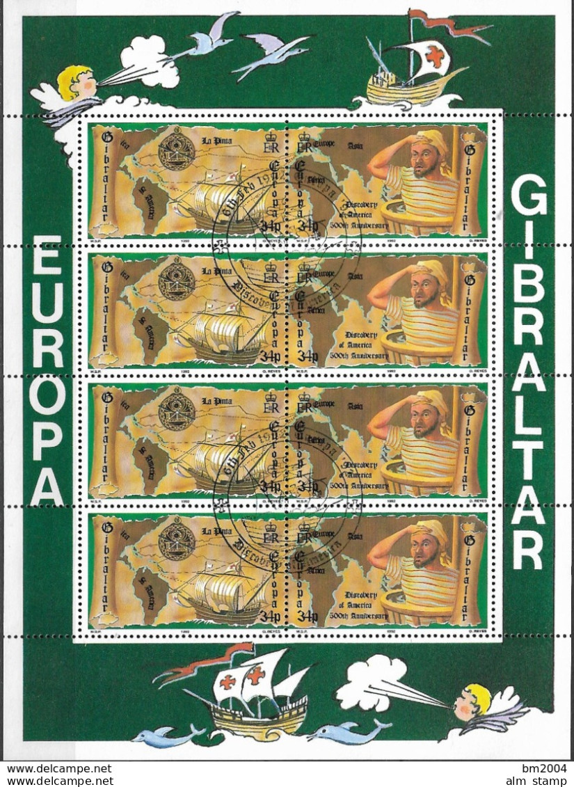 1992 Gibraltar Sheet Yv. 647-50  Mi. 638-41 Used  Europa: 500. Jahrestag Der Entdeckung Von Amerika - 1992