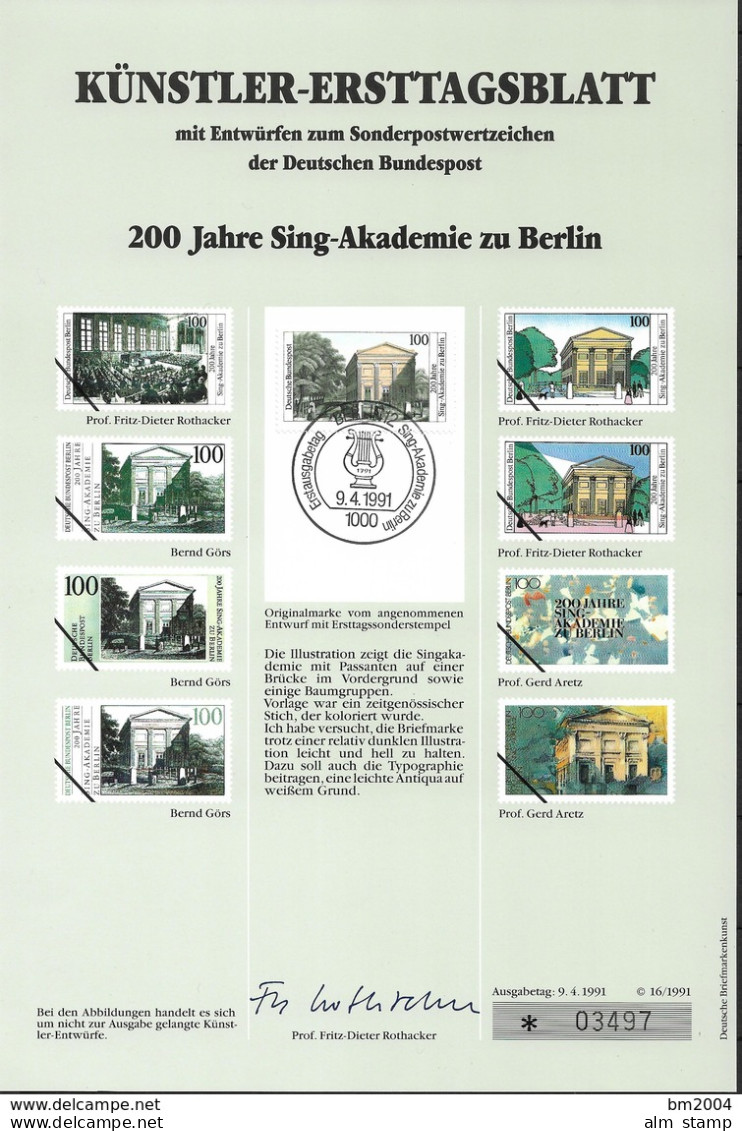 1991  Deutschland Germany  Mi. 1520 Künstler-Ersttagsblatt 200 Jahre Sing-Akademie, Berlin. - 1991-2000