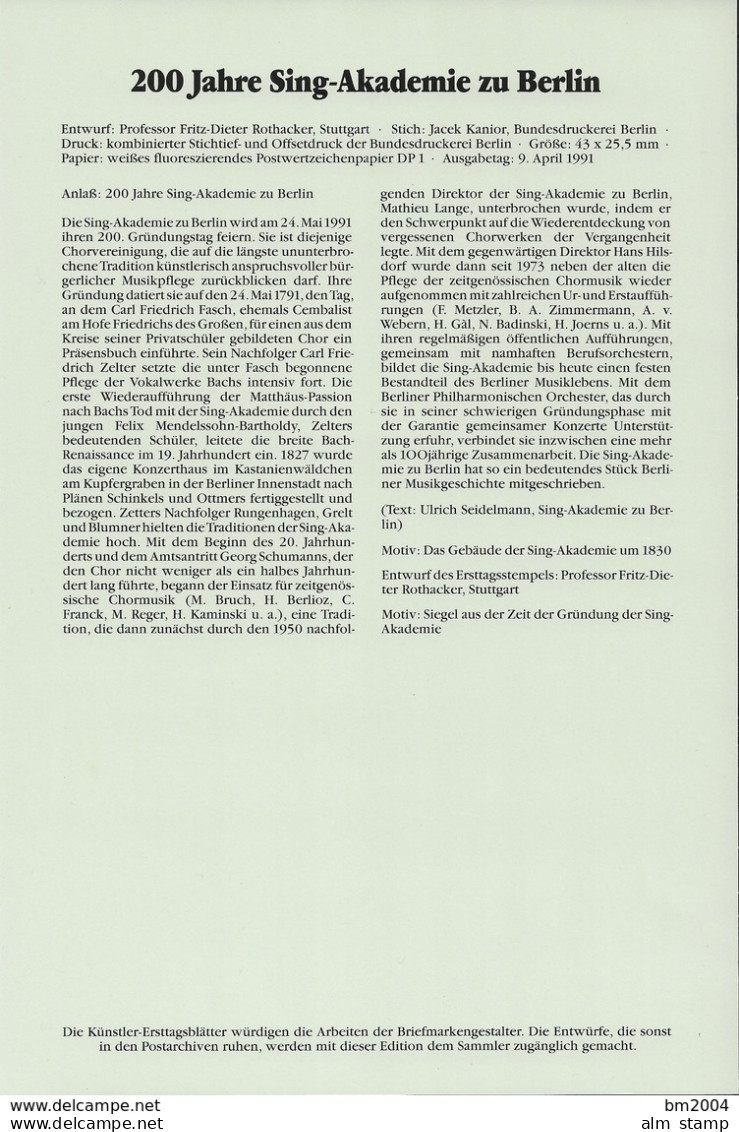 1991  Deutschland Germany  Mi. 1520 Künstler-Ersttagsblatt 200 Jahre Sing-Akademie, Berlin. - 1991-2000