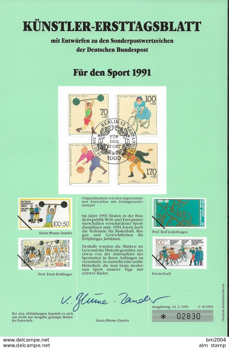 1991  Deutschland Germany  Mi. 1499-1502 Künstler-Ersttagsblatt    Sporthilfe - 1991-2000