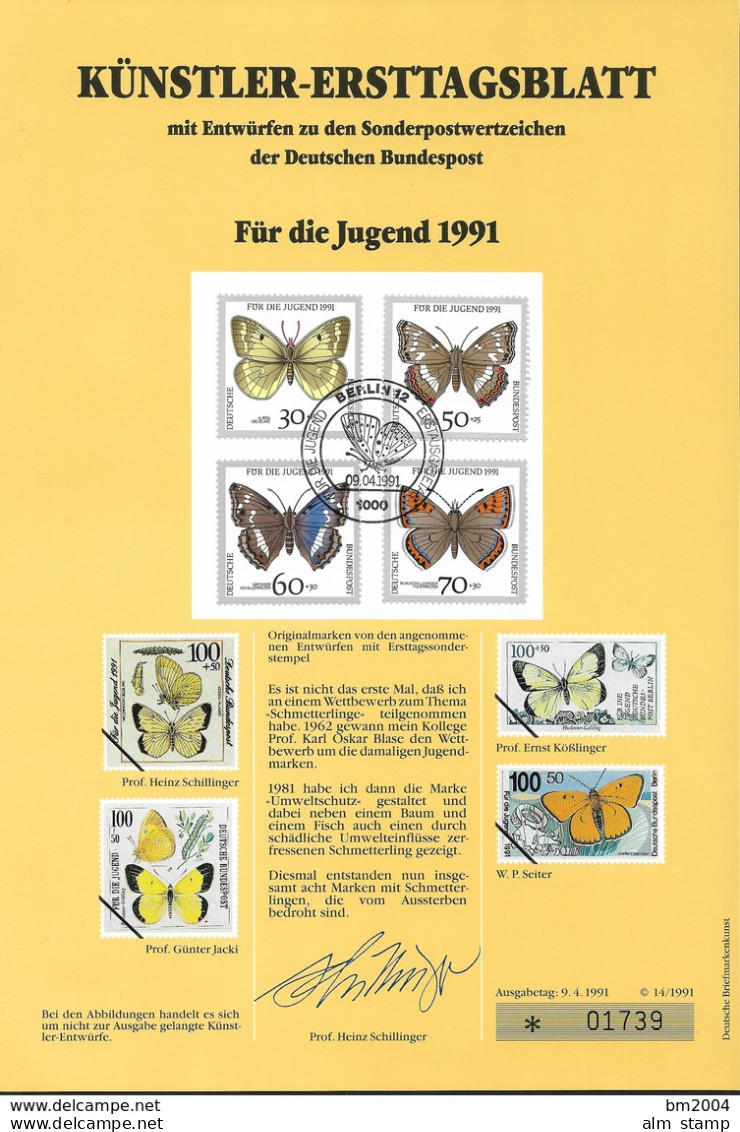 1991  Deutschland Germany  Mi. 1512 -15 Künstler-Ersttagsblatt Gefährdete Schmetterlinge. - 1991-2000