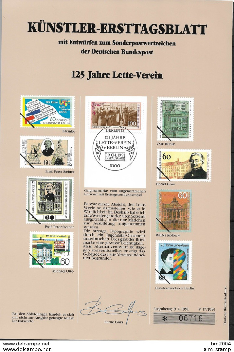 1991  Deutschland  Germany  Mi. 1521 Künstler-Ersttagsblatt 125 Jahre Lette-Verein, Berlin - 1991-2000