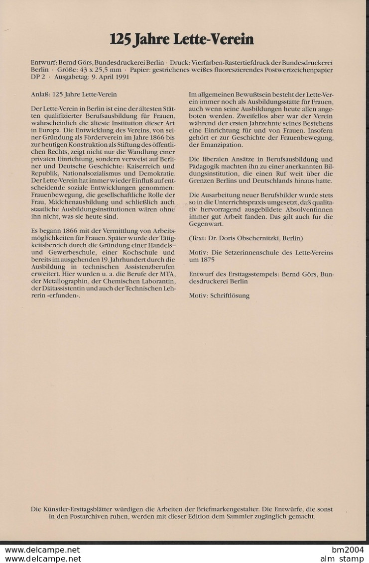 1991  Deutschland  Germany  Mi. 1521 Künstler-Ersttagsblatt 125 Jahre Lette-Verein, Berlin - 1991-2000