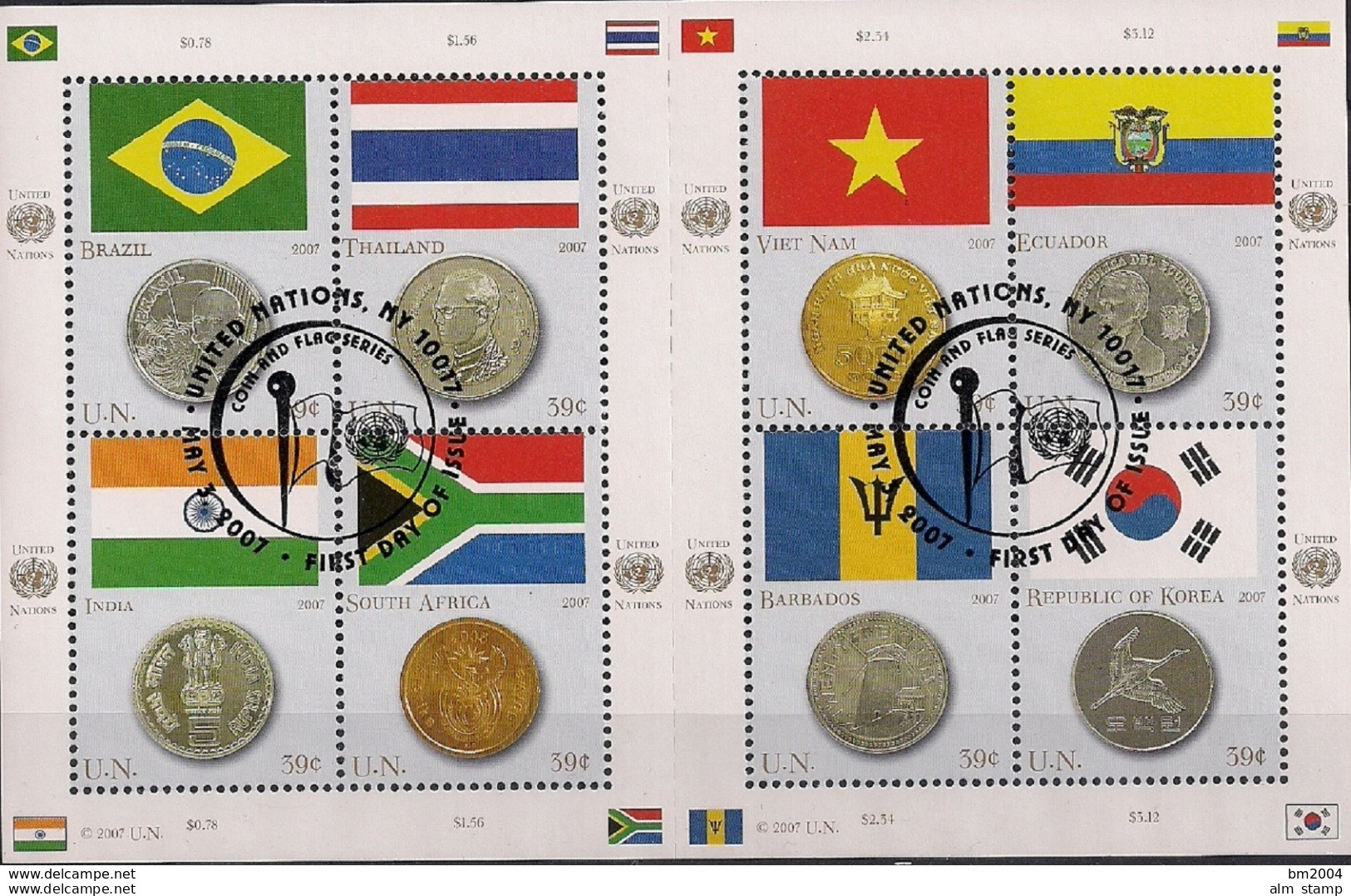 2007 UNO New York  Mi. 1049-56 Used   Flaggen Und Münzen Der Mitgliedsstaaten - Blocs-feuillets