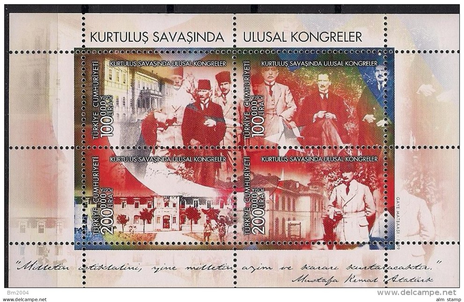 1999 Türkei Mi. Bl. 42 **MNH  80. Jahrestag Der Unabhängigkeitskongresse Von Erzurum Und Sivas - Neufs