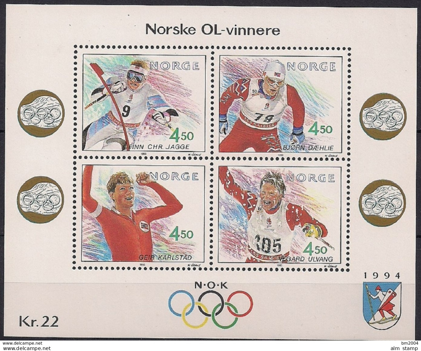 1993 Norwegen Mi. Bl 19 **MNH  Olympische Winterspiele 1994, Lillehammer - Norwegische Olympiasieger - Blokken & Velletjes