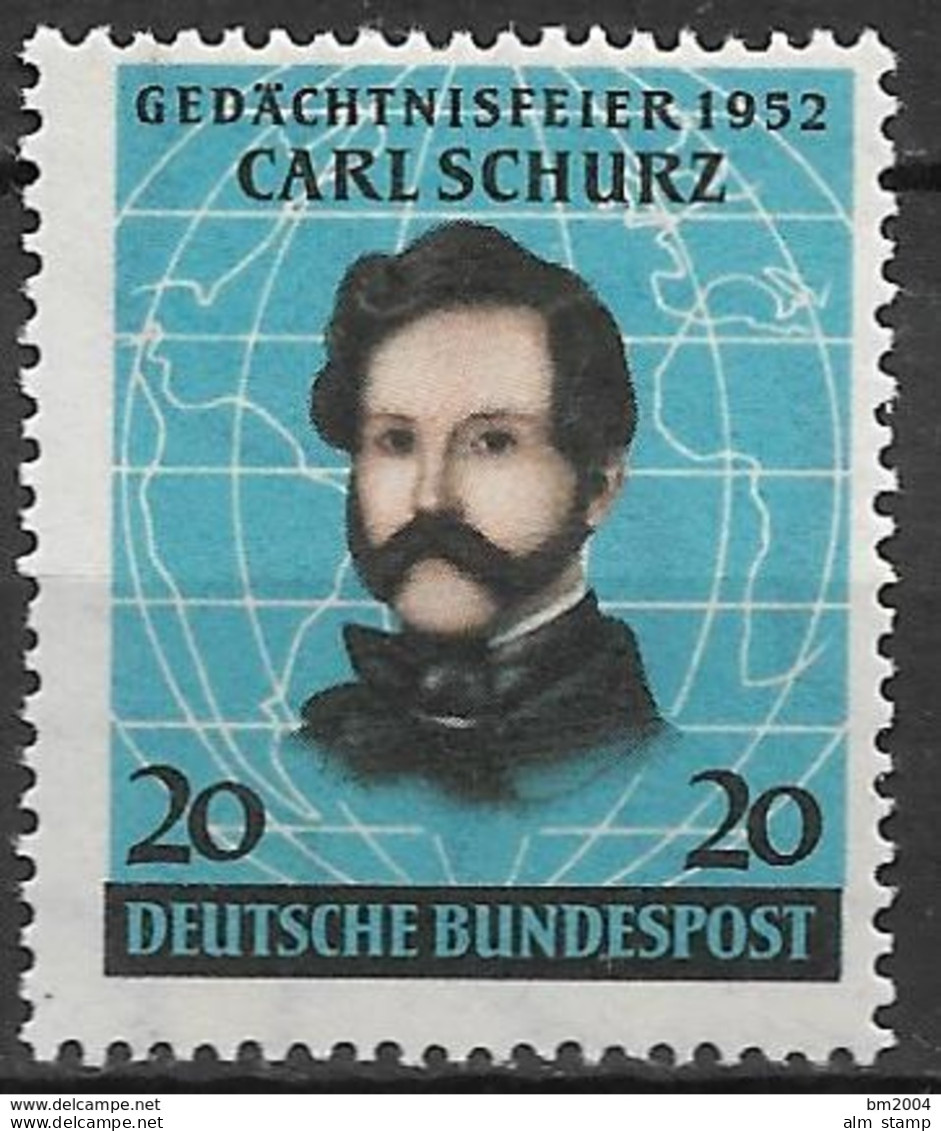 1952  Allem. Fed. Deutschland Germany Mi. 155 **MNH   100. Jahrestag Der Landung Von Carl Schurz In Amerika. - Ungebraucht