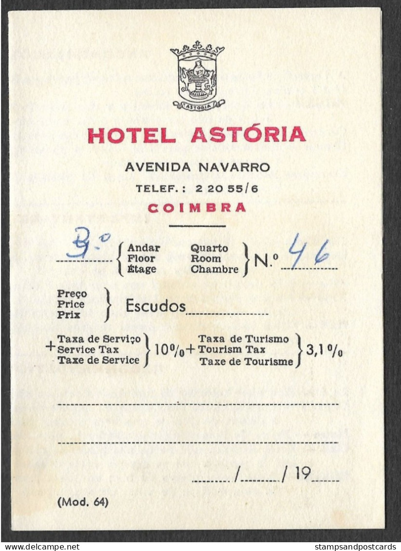 Portugal Carte De Chambre Hotel Astoria Coimbra Room Card - Etiquetas De Hotel