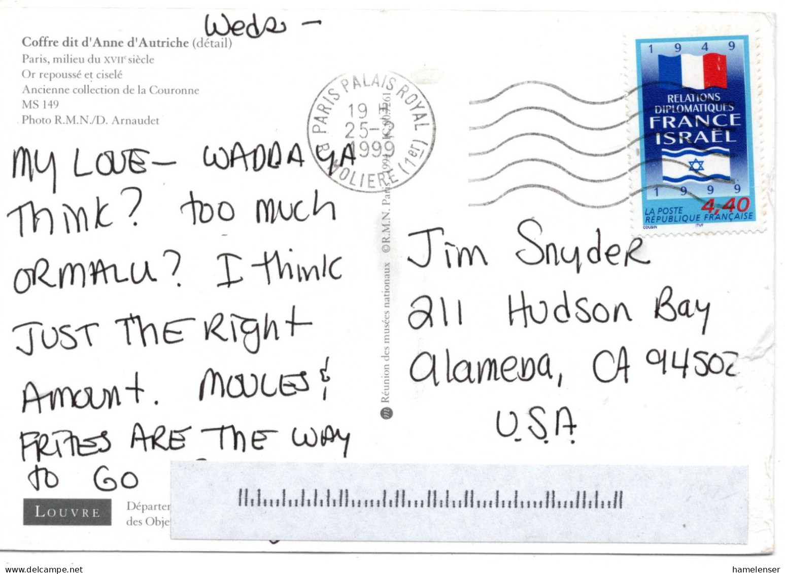 70850 - Frankreich - 1999 - 4,40F Israel EF A AnsKte PARIS -> Alameda, CA (USA) - Lettres & Documents