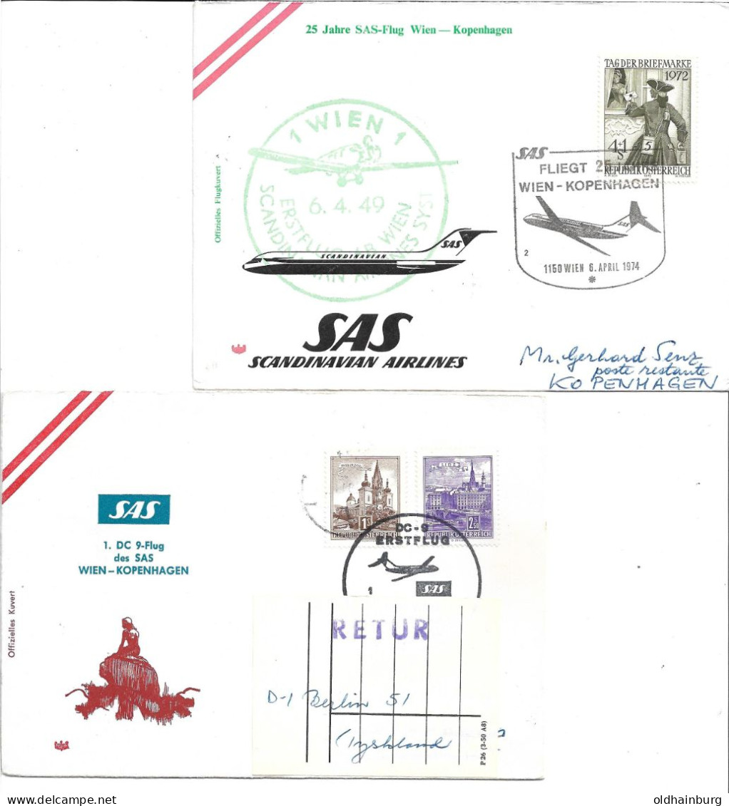 2362j: 2 SAS- Erstfüge 1968/ 74, Flugverbindungen Wien- Kopenhagen - Luchtpostzegels