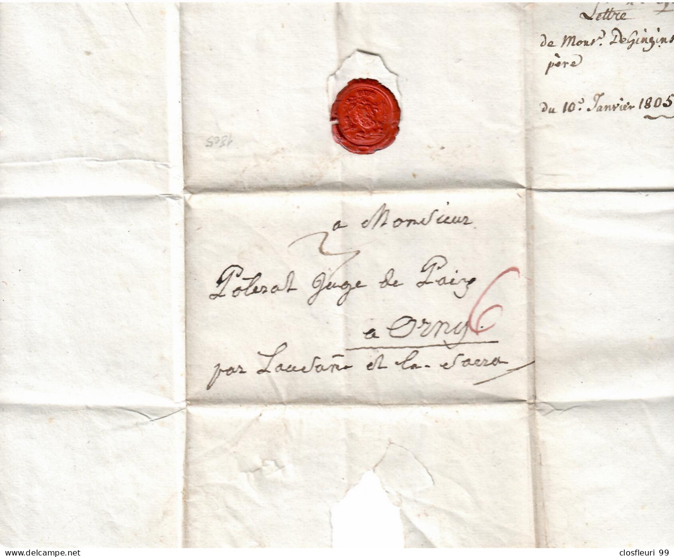 Lettre à Au Juge De Paiz à Orny /La Sarraz, 10.I.1805 Avec Cachet De Cire - ...-1845 Préphilatélie