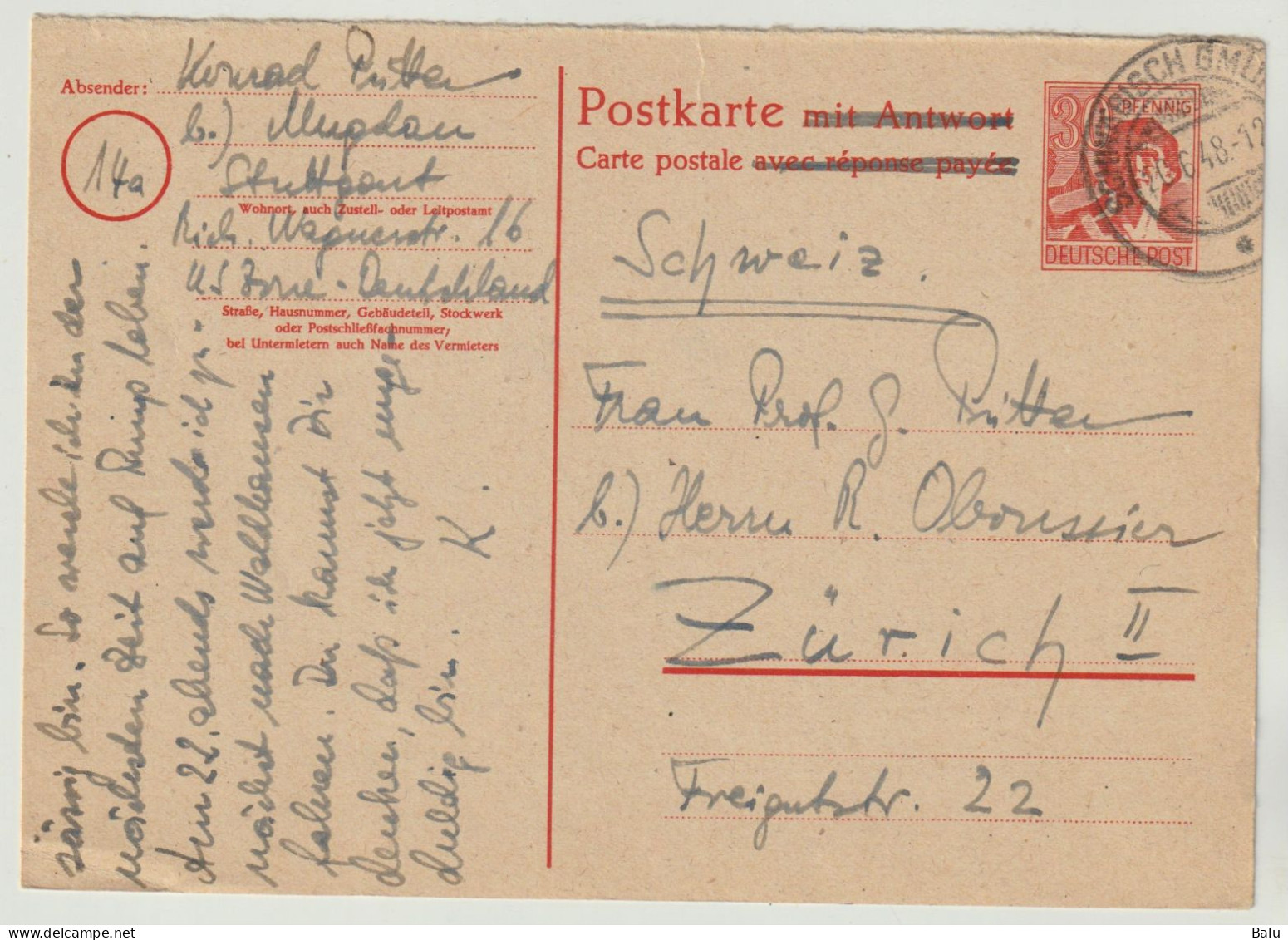 Gemeinschaftsausgaben Ganzsachen Michel Nr. P964 F Frageteil 30 Pfg. Gestempelt 20.6.48 In Schwäbisch Gemünd, Teil I - Postal  Stationery