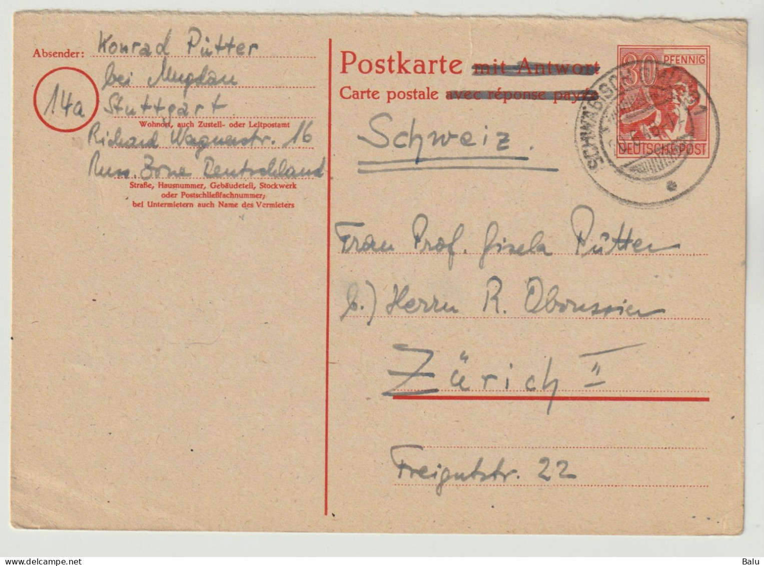 Gemeinschaftsausgaben Ganzsachen Michel Nr. P964 F Frageteil 30 Pfg. Gestempelt 20.6.48 In Schwäbisch Gemünd, Teil II - Postal  Stationery