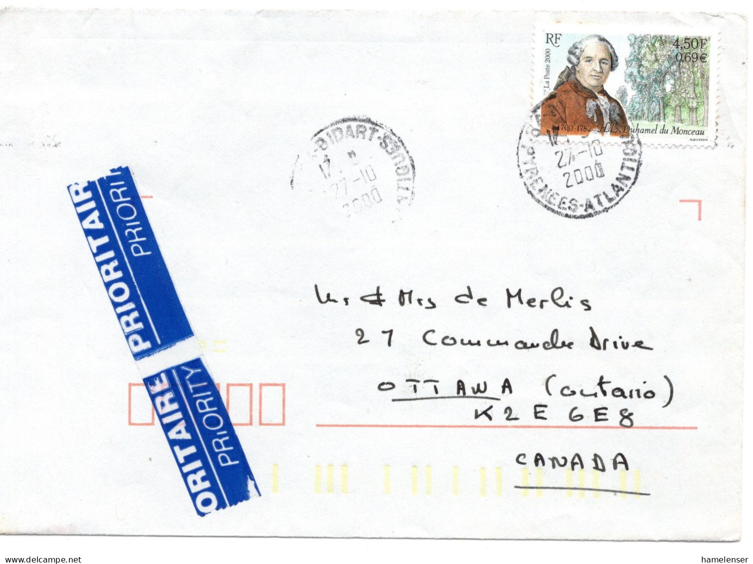 70859 - Frankreich - 2000 - 4,50F/€0,69 Duhamel Du Monceau EF A LpBf BIDART -> Ottawa, ON (Canada) - Covers & Documents