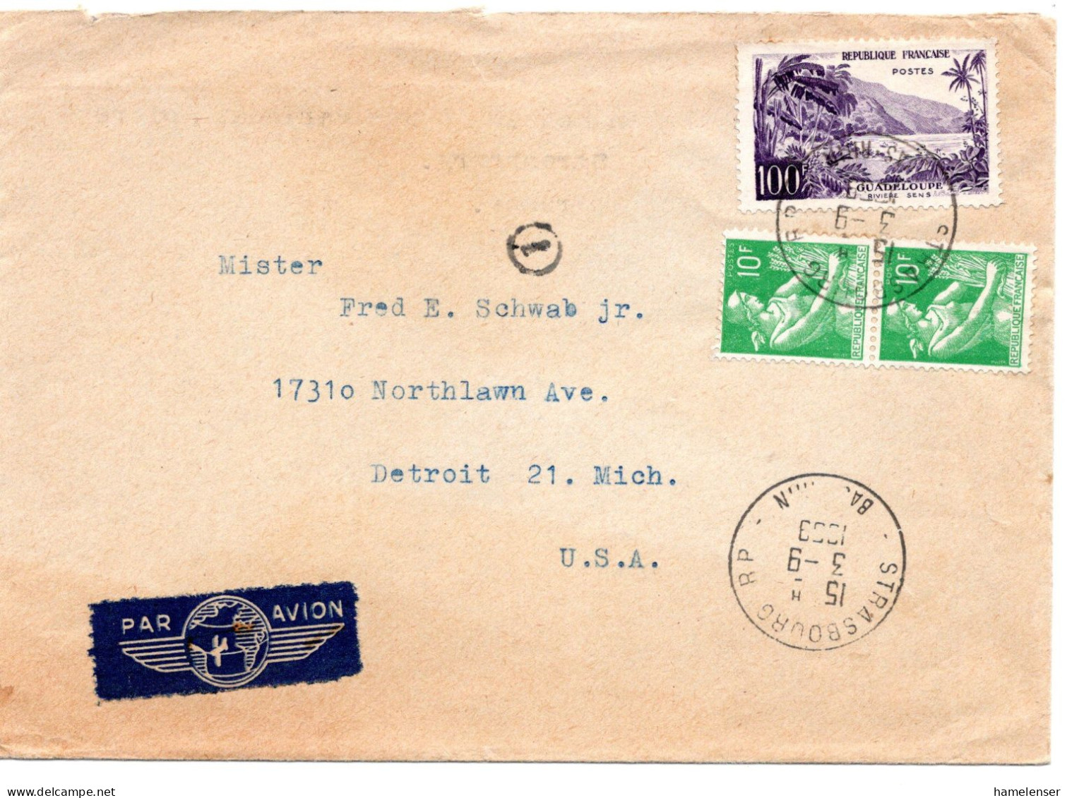 70861 - Frankreich - 1959 - 100F Guadeloupe MiF A LpBf STRASBOURG -> Detroit, MI (USA) - Lettres & Documents