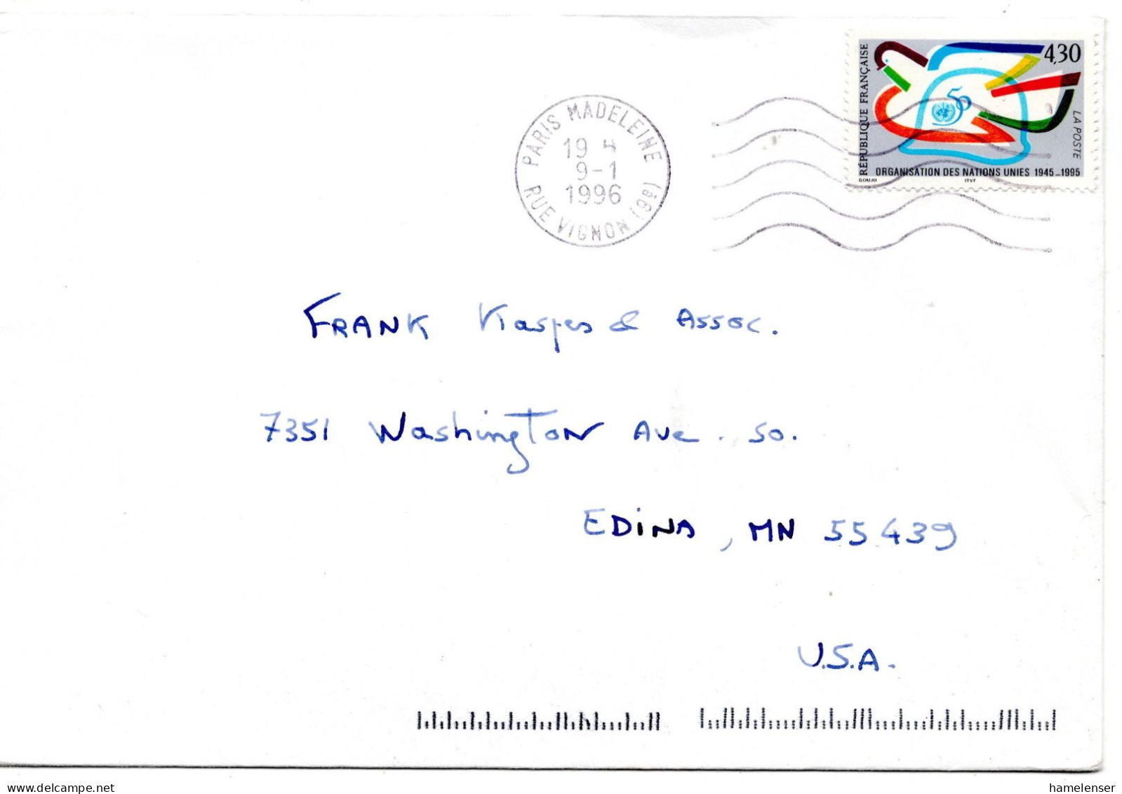 70863 - Frankreich - 1996 - 4,30F 50 Jahre UNO EF A LpBf PARIS -> Edina, MN (USA) - Briefe U. Dokumente