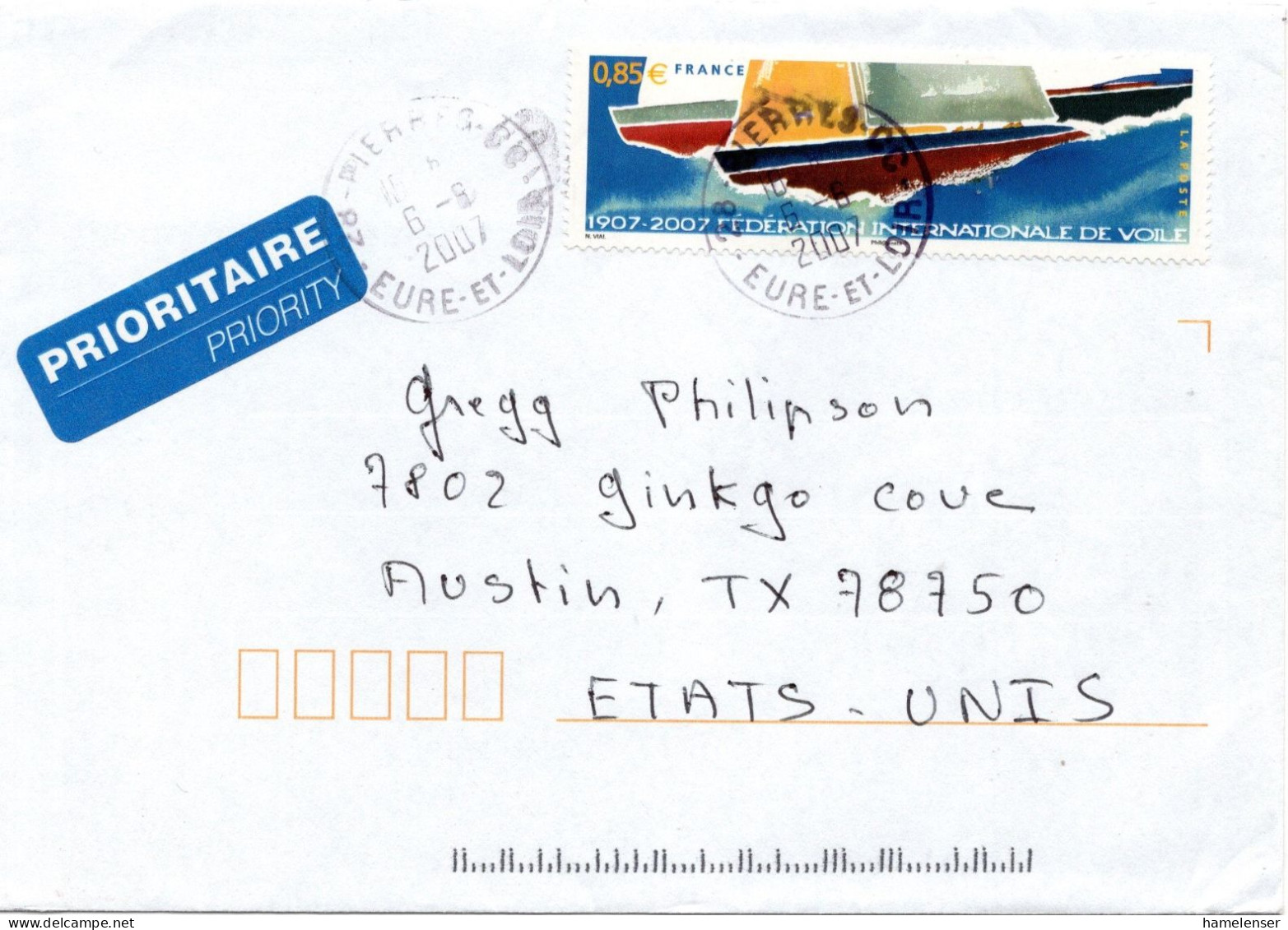 70864 - Frankreich - 2007 - €0,85 Segeln EF A LpBf PIERRES -> Austin, TX (USA) - Sailing