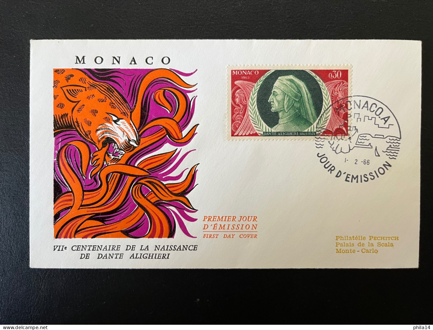 ENVELOPPE 1ER JOUR FDC / MONACO 1966  / VII CENTENAIRE DE LA NAISSANCE DE DENTE ALIGHIERI - Lettres & Documents