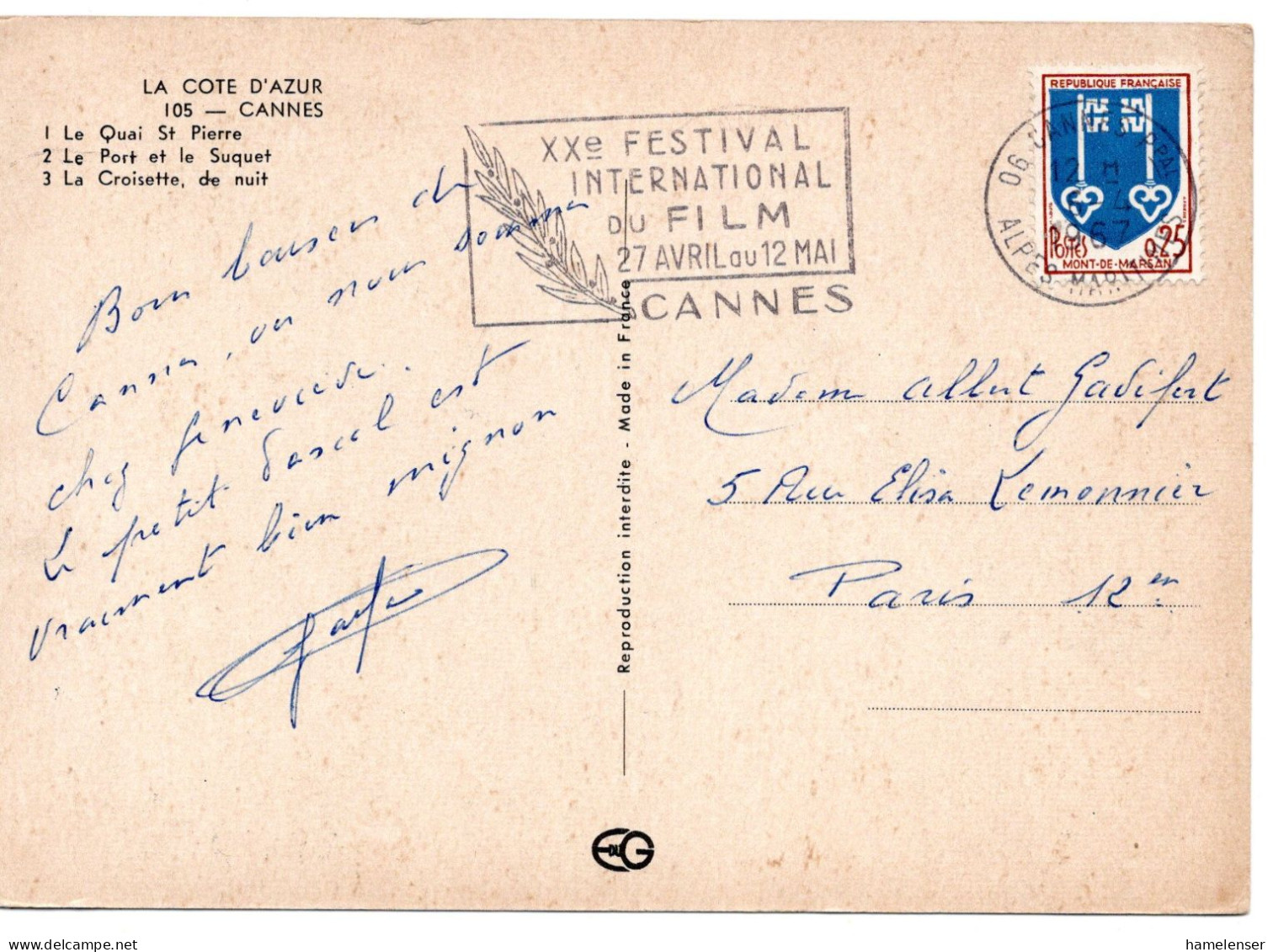 70869 - Frankreich - 1967 - 0,25F Wappen EF A AnsKte CANNES - XX FESTIVAL INTERNATIONAL DU FILM ... -> Paris - Cinema