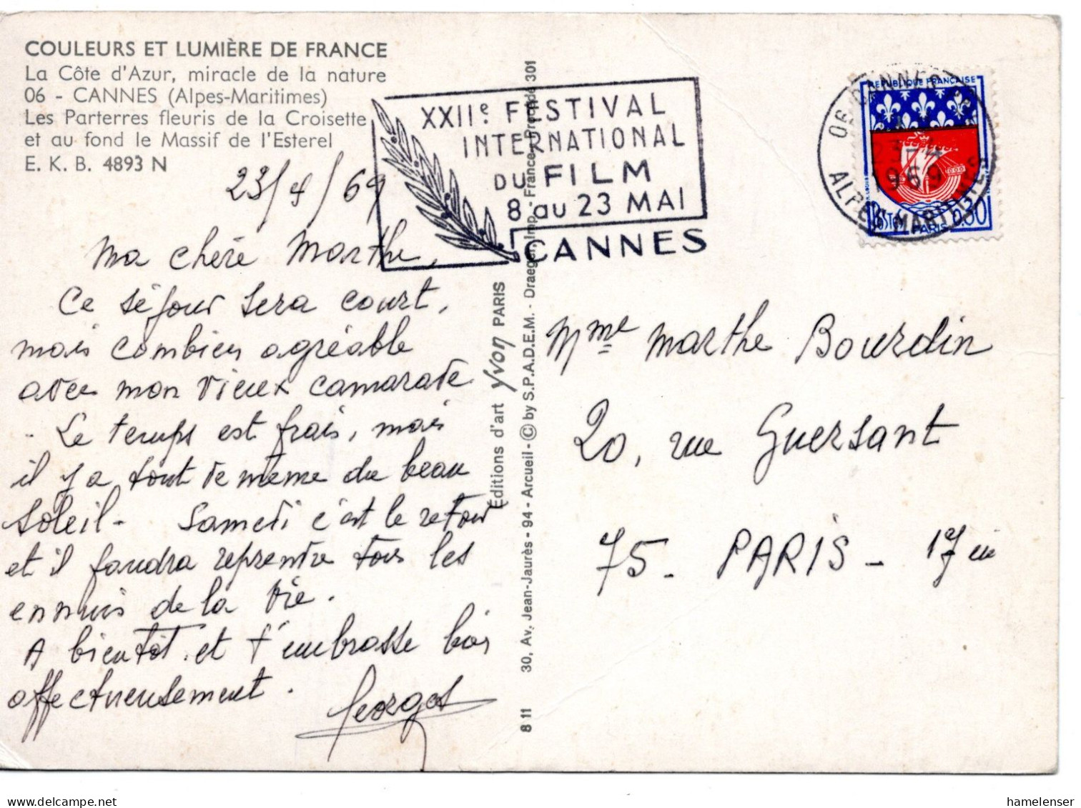 70870 - Frankreich - 1969 - 0,30F Wappen EF A AnsKte CANNES - XXII FESTIVAL INTERNATIONAL DU FILM ... -> Paris - Cinema