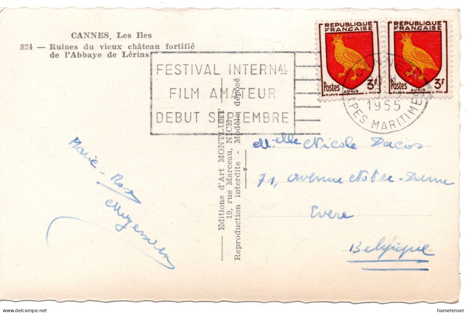 70871 - Frankreich - 1955 - 2@3F Wappen A AnsKte CANNES - FESTIVAL INTERNATIONAL DU FILM AMATEUR ... -> Belgien - Cinema