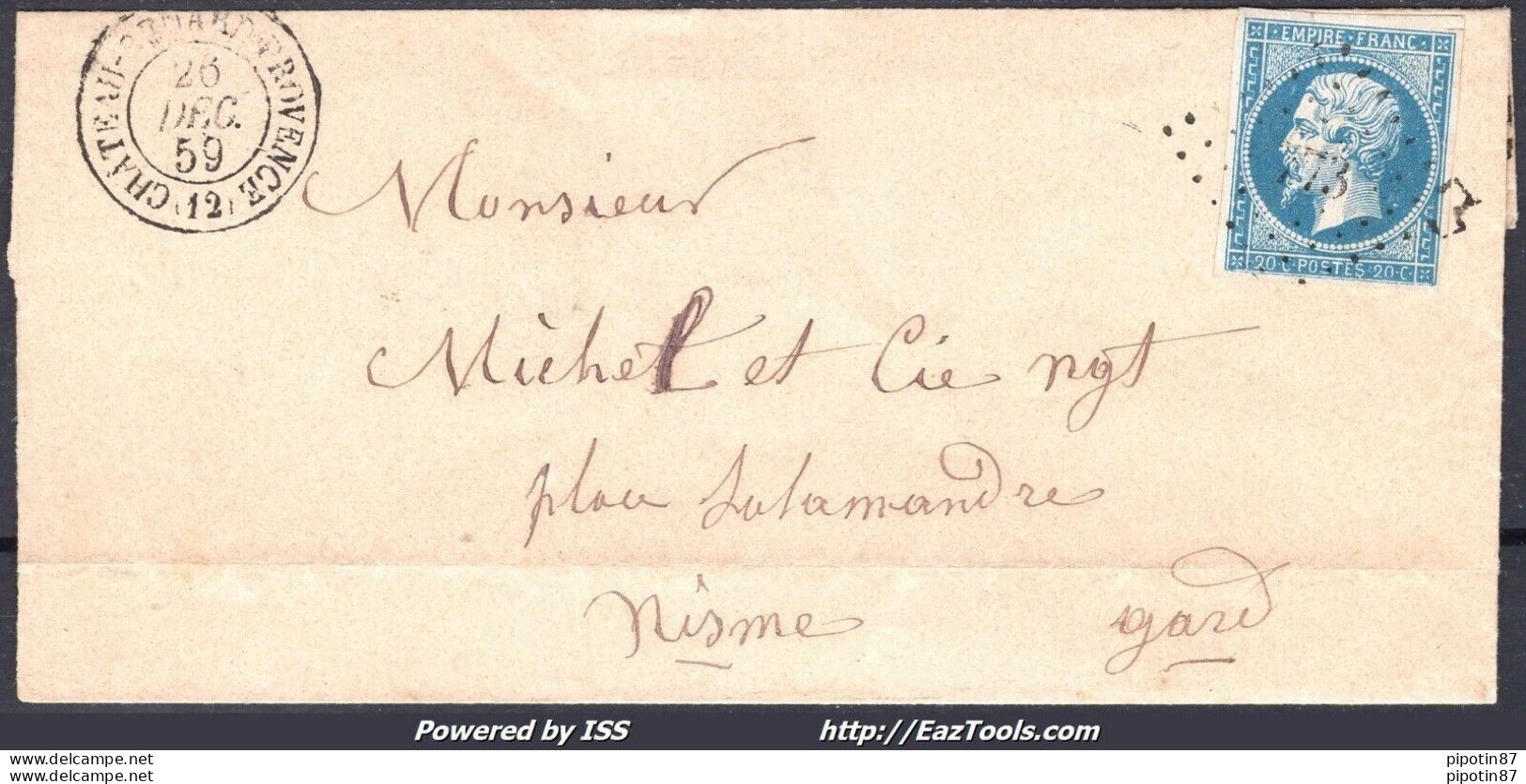 FRANCE N°14A SUR LETTRE PC 773 CHATEAU RENARD PROVENCE BDR + CAD DU 26/12/1859 - 1853-1860 Napoléon III