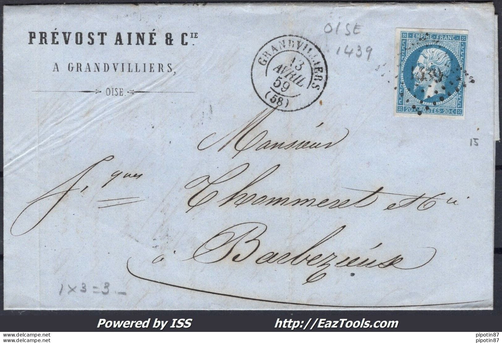 FRANCE N°14A SUR LETTRE PC 1439 GRANDVILLIERS OISE + CAD DU 13/04/1859 - 1853-1860 Napoléon III.