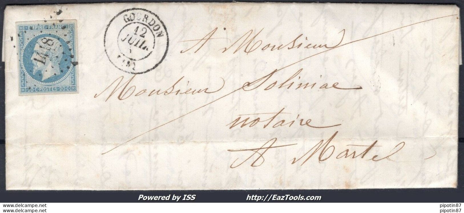 FRANCE N°14A SUR LETTRE POUR MARTEL PC 1418 GOURDON LOT + CAD DU 12/07/1855 - 1853-1860 Napoleon III