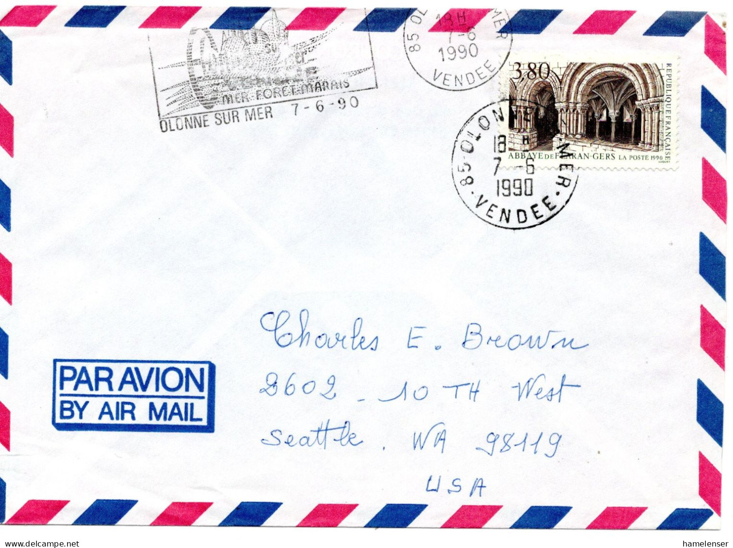 70873 - Frankreich - 1990 - 3,80F Abtei Flaran EF A LpBf OLONNE -> Seattle, WA (USA) - Abbeys & Monasteries