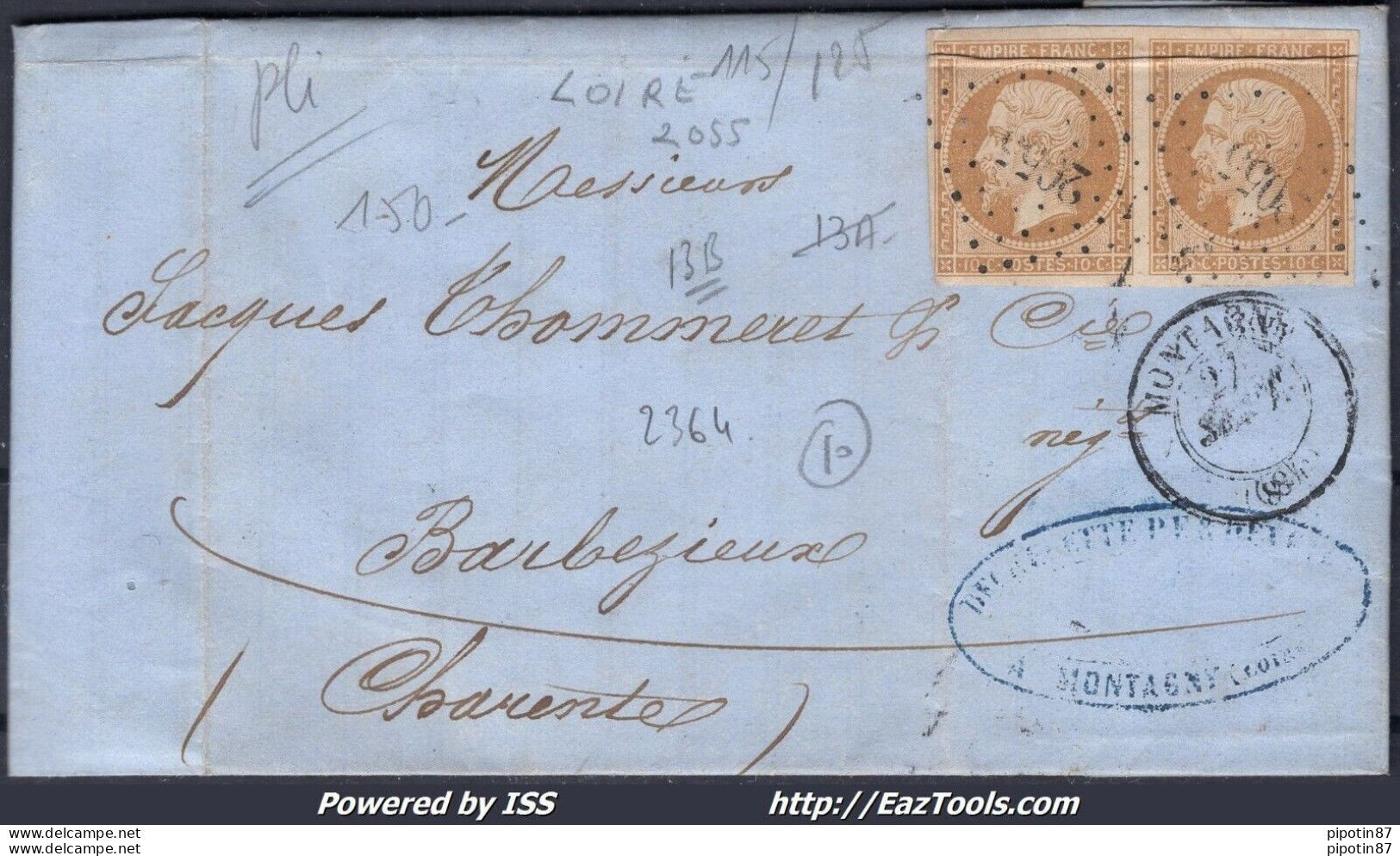 FRANCE PAIRE N°13B SUR LETTRE PC 2055 MONTAGNY LOIRE + CAD DU 27/09/1862 - 1853-1860 Napoléon III