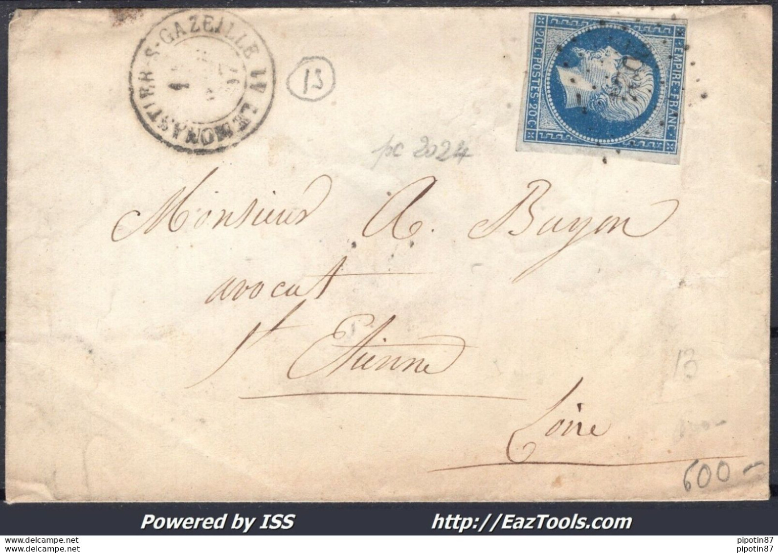 FRANCE N°14A SUR LETTRE PC 2024 LE MONASTIER SUR GAZEILLE HAUTE LOIRE DU 14/04/1857 - 1853-1860 Napoleon III