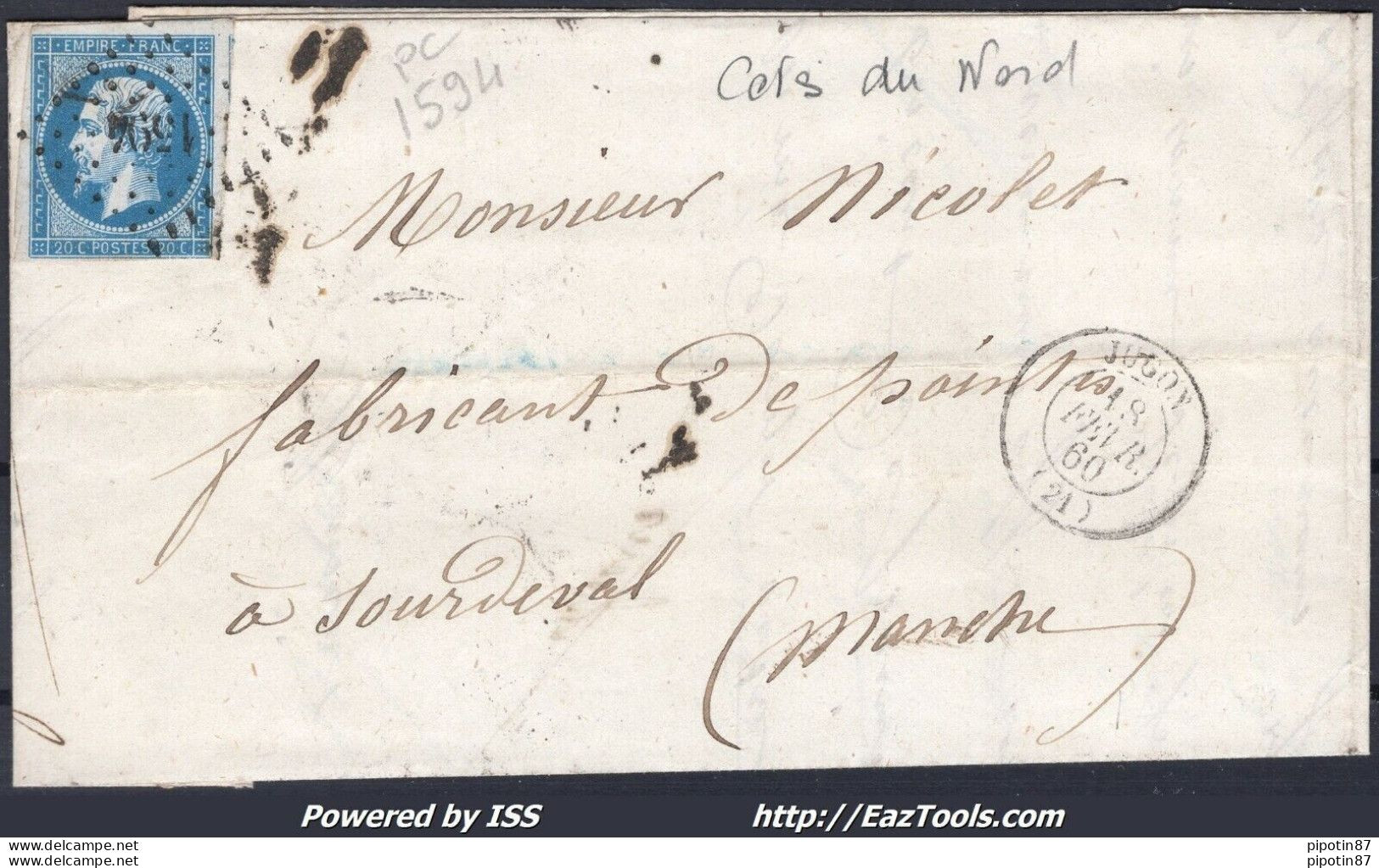 FRANCE N° 14A SUR LETTRE CACHET PC 1594 JUGON BOUCHES DU RHONE + CAD 18/02/1860 - 1853-1860 Napoléon III