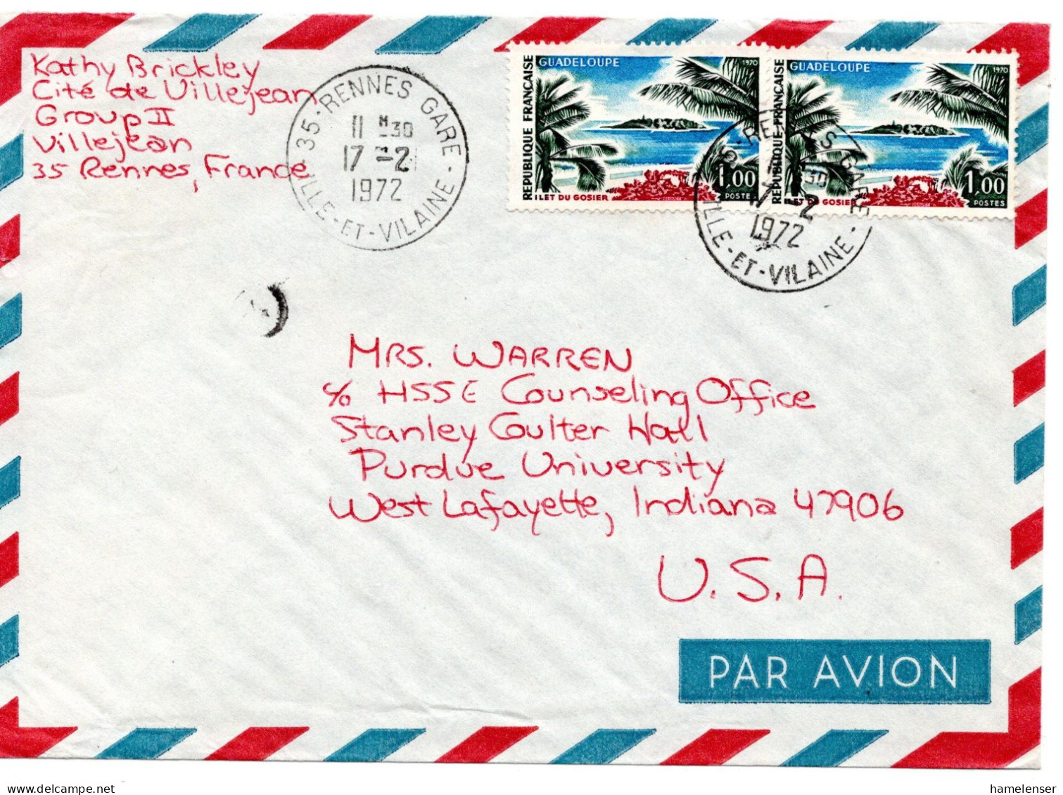 70879 - Frankreich - 1972 - 2@1,00F Guadeloupe A LpBf RENNES -> West Lafayette, IN (USA) - Lettres & Documents